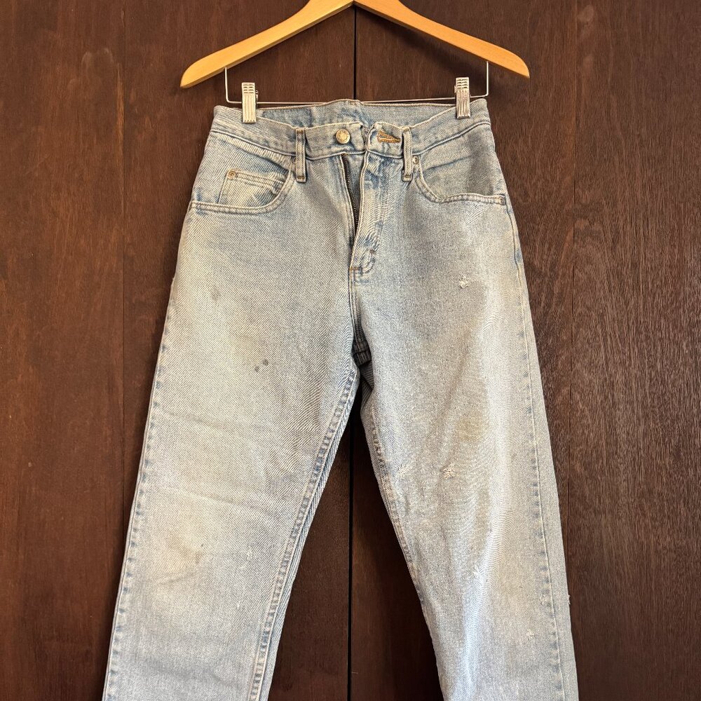 Vintage 90s Distressed Wrangler Relaxed Fit Barrel Mom Jeans 29x30 Light Denim